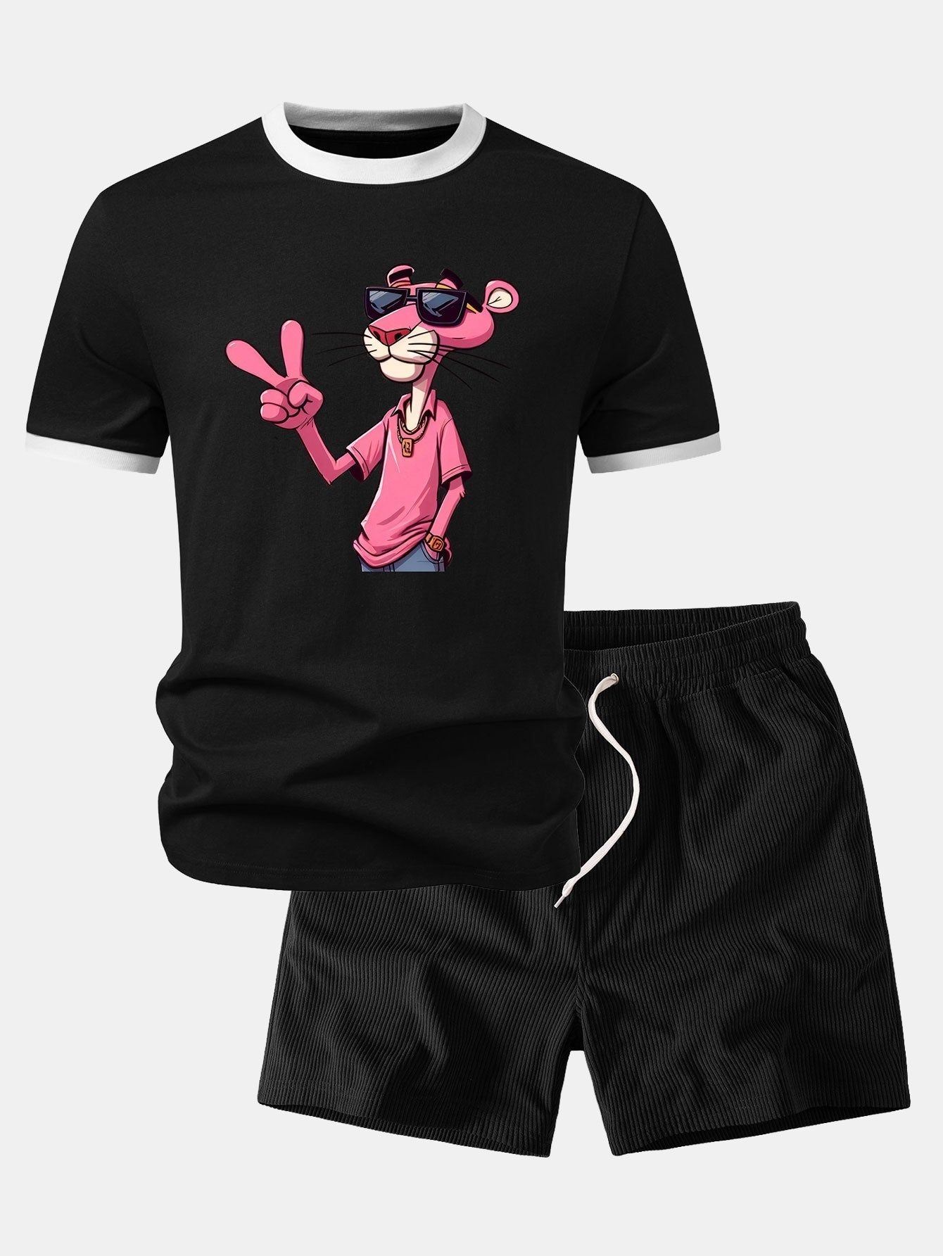 Pink Panther With V Sign Print Contrast Ringer T-Shirt & 5" Drawstring  Corduroy Shorts