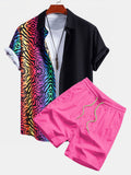 Colorful Tiger Patchwork Button Up Shirt & Swim Shorts