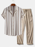 Textured Striped Button Up Shirt & Crinkle Textured Straight Leg Pants