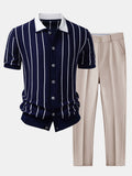 Stripe Button Up Knit Shirt & Slim Fit Tapered Trousers
