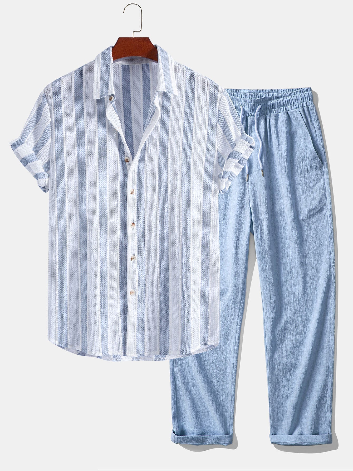 Textured Striped Button Up Shirt & Crinkle Textured Straight Leg Pants