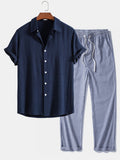 Linen Rayon Blend Button Up Shirt & Linen Look Stripe Straight Leg Pants