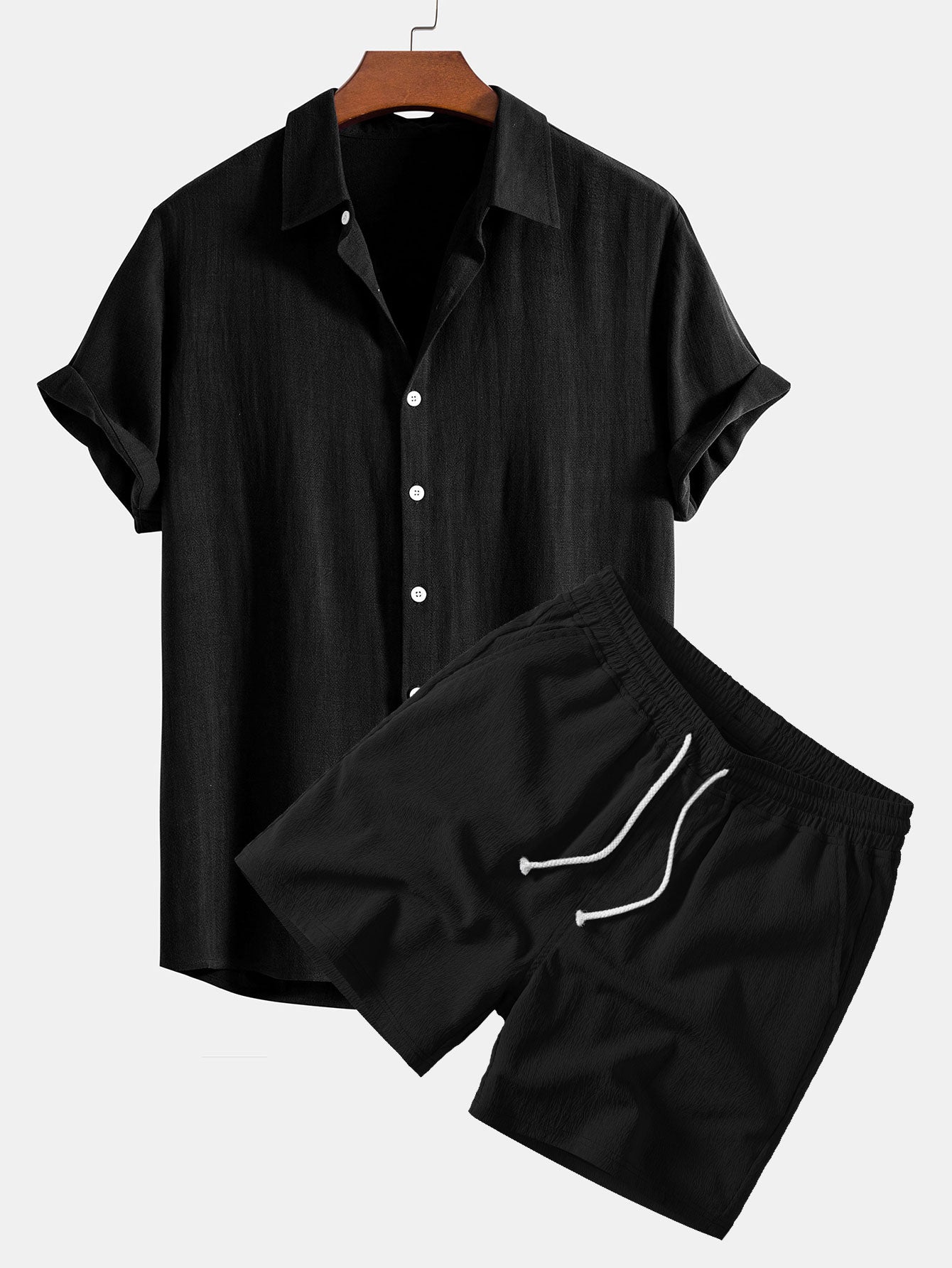 Linen Rayon Blend Button Up Shirt & Crinkle Textured Drawstring 5" Shorts