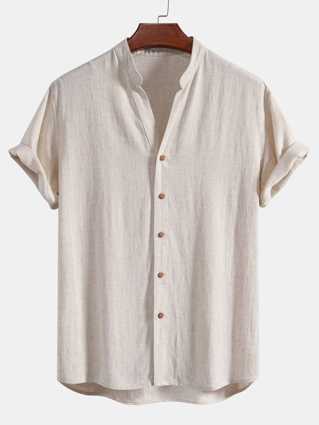 Short Sleeve V Neck Linen Rayon Blend Shirt & Linen Blend Drawstring 7" Shorts