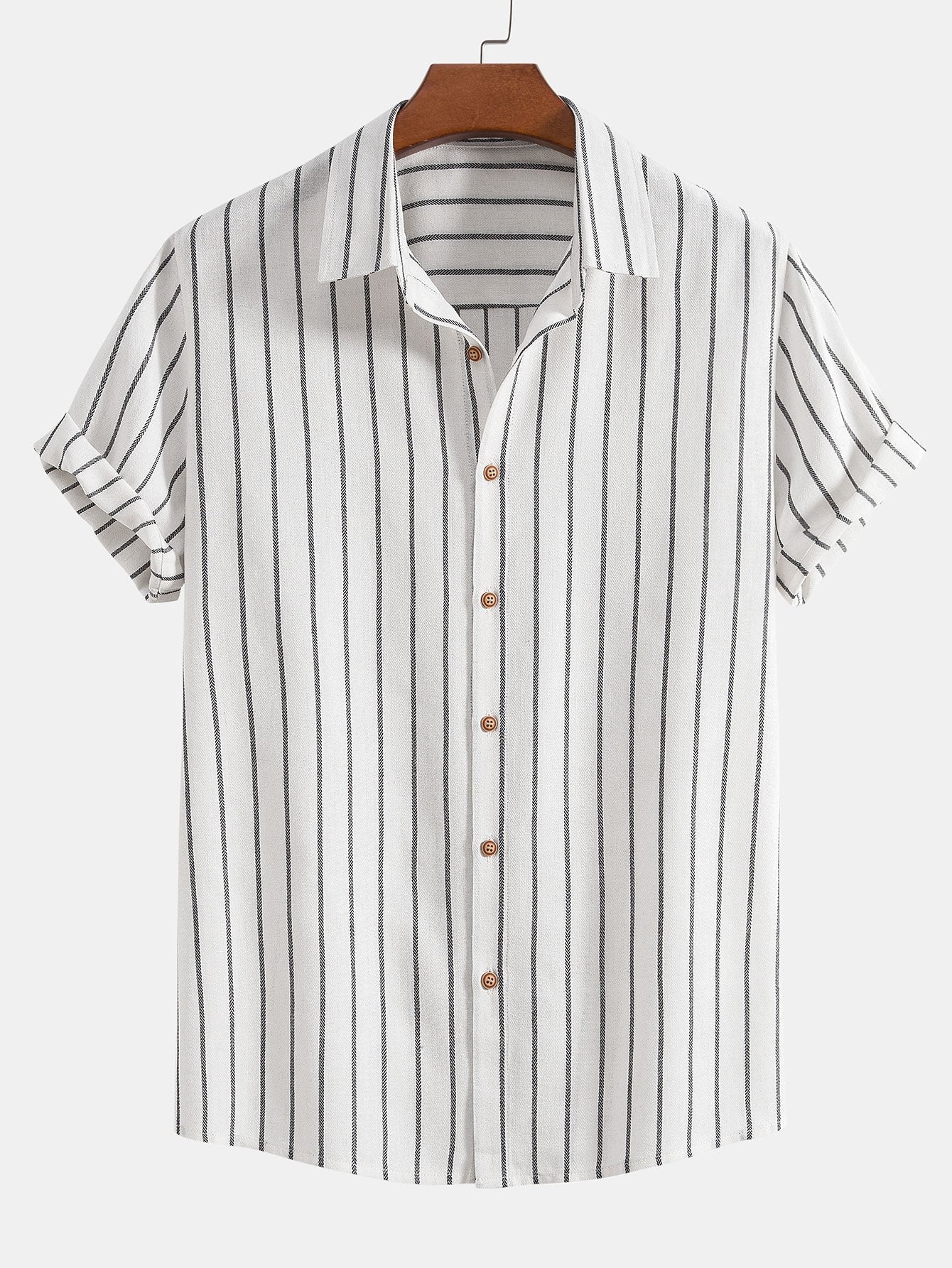 Cotton Blend Striped Button Up Shirt & Crinkle Textured Straight Leg Pants