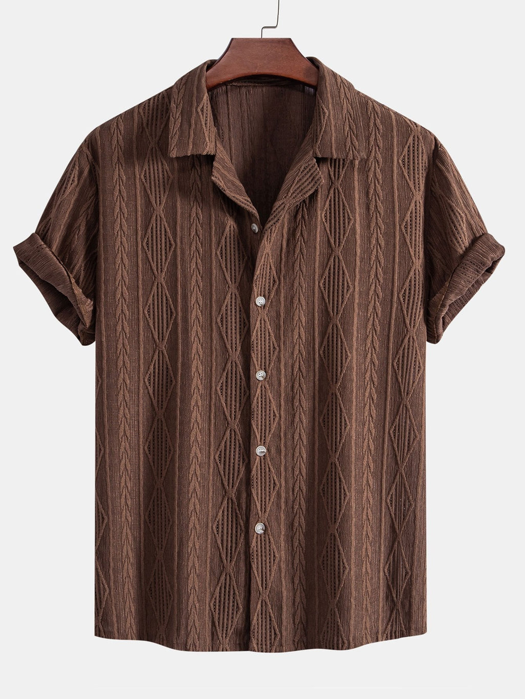 Geometric Jacquard Eyelet Cuban Shirt & Linen Blend Drawstring 7" Shorts