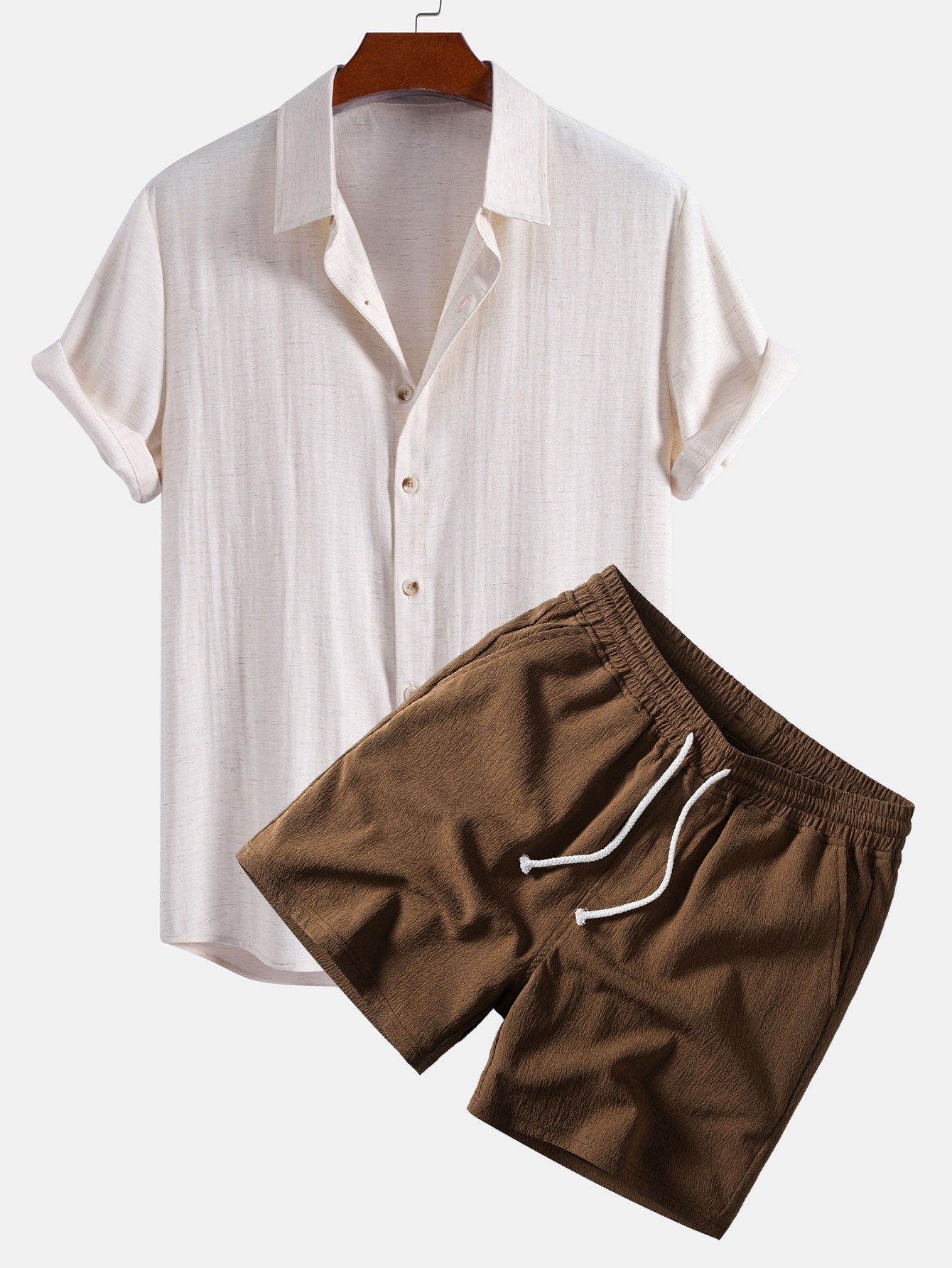 Linen Rayon Blend Button Up Shirt & Crinkle Textured Drawstring 5" Shorts