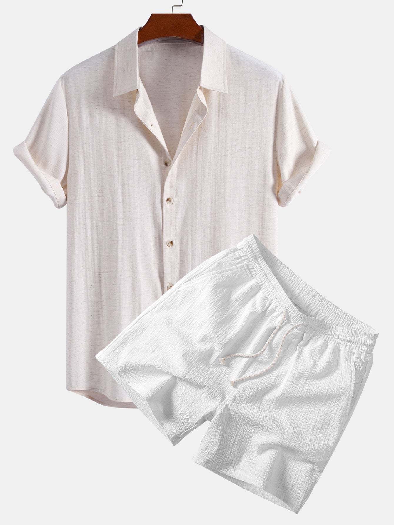 Linen Rayon Blend Button Up Shirt & Crinkle Textured Drawstring 5" Shorts